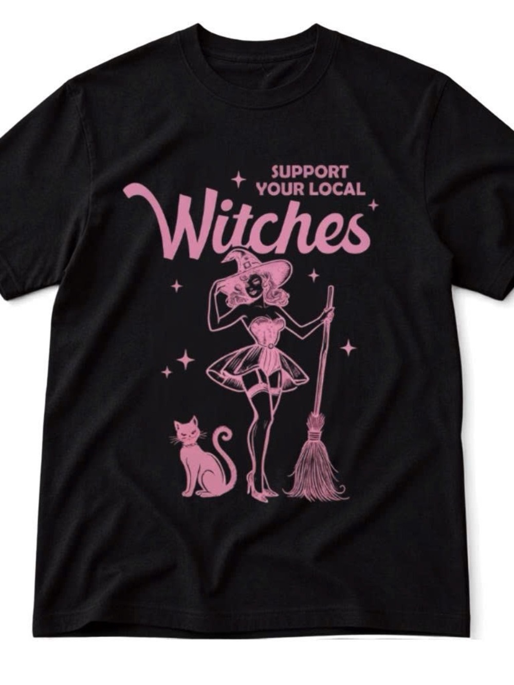 Gildan Shirt Support Your Local Witches Graphic Tee - Black with Pink Print